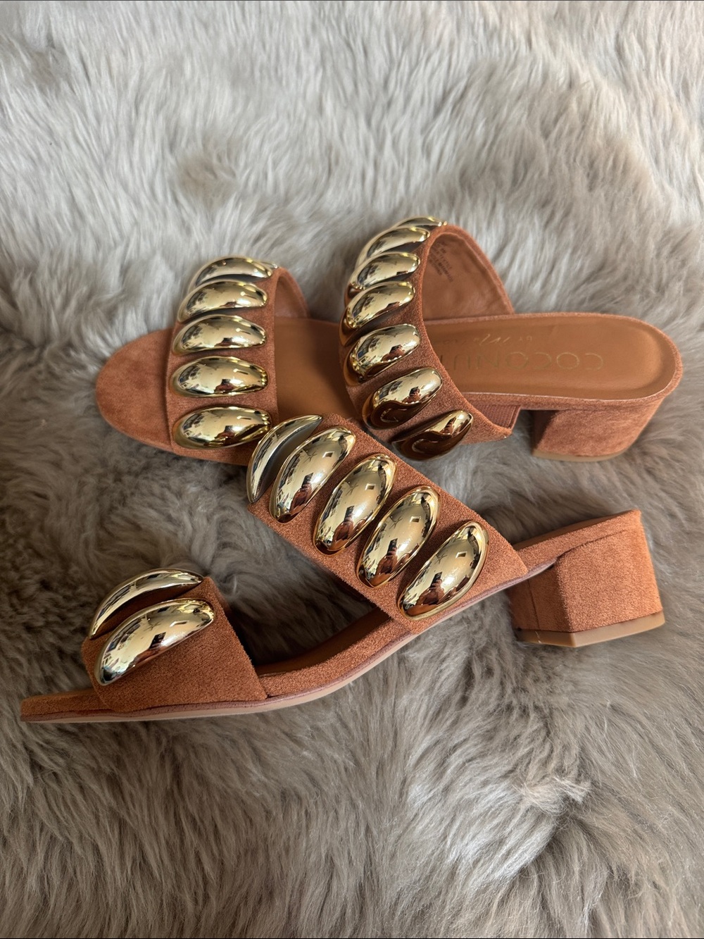 Coconuts by Matisse Tan Suede Slide Sandals with Gold Bead Detail
